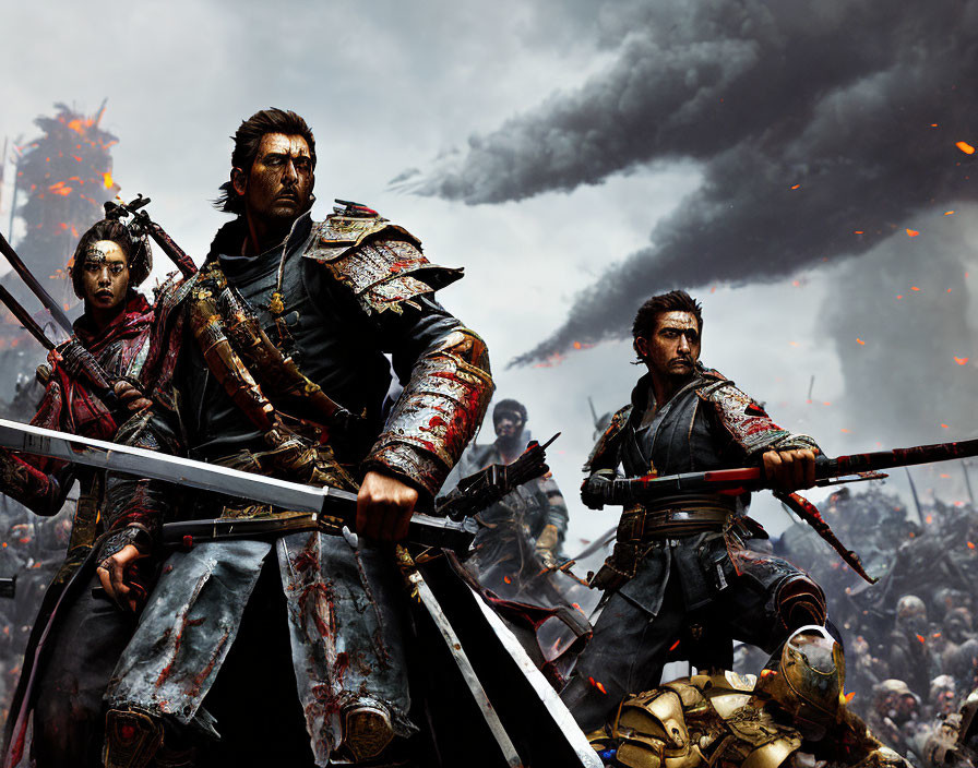 Three warriors in traditional armor amidst chaotic war scene with dark skies.