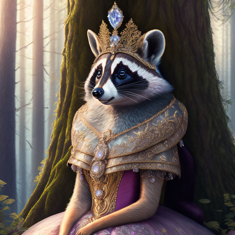 Anthropomorphic raccoon princess in gold gown and crown in enchanted forest