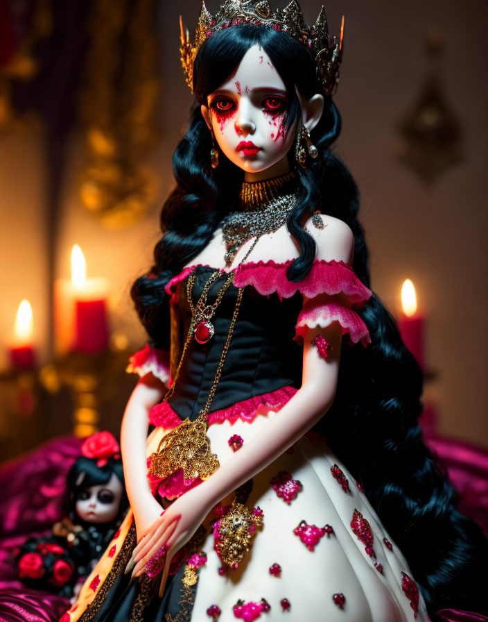 Gothic-style doll with black hair, crown, white-and-red dress, surrounded by candles