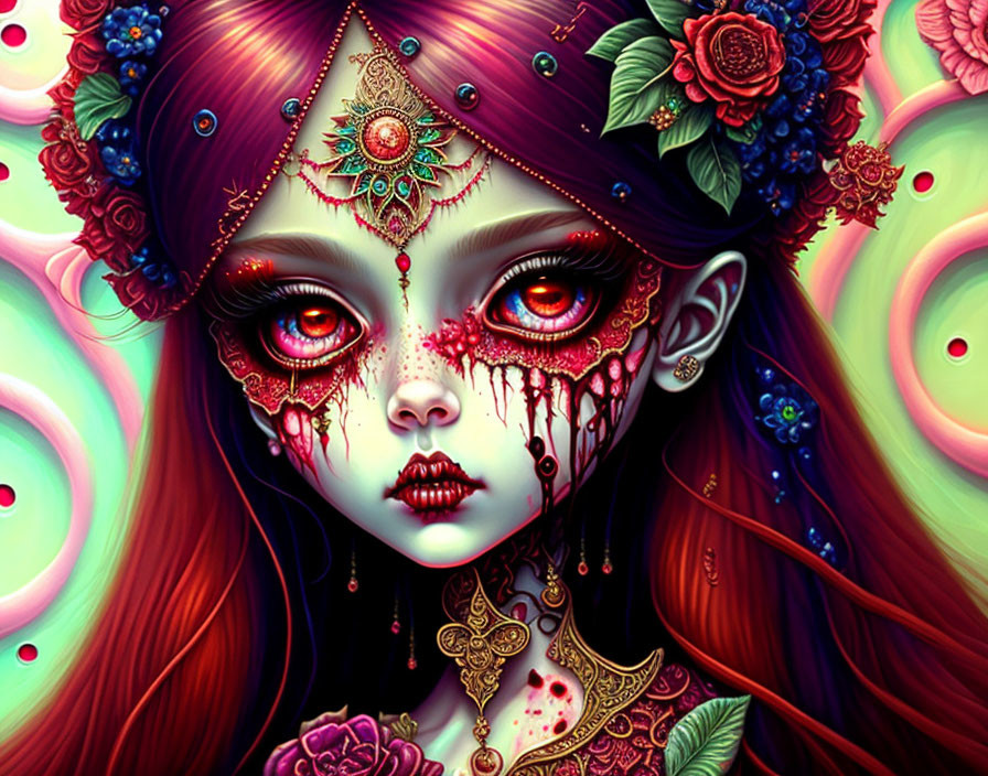 Fantasy-style digital artwork of a woman with red eyes and ornate jewelry