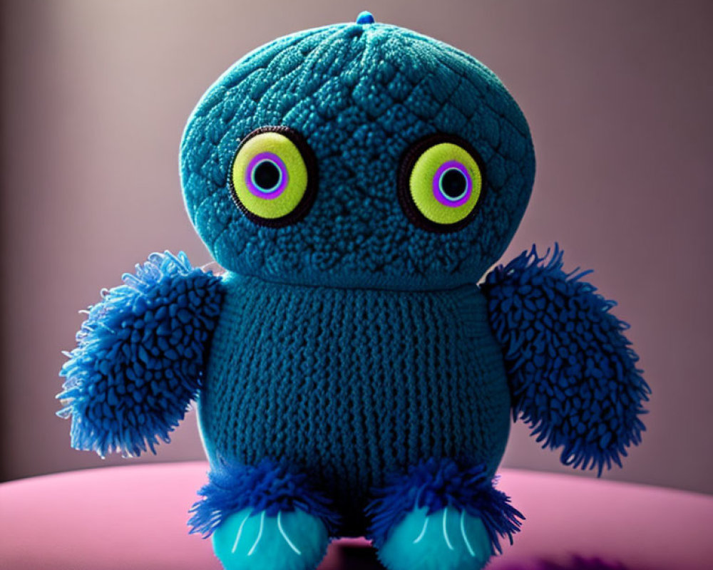 Teal Plush Toy with Purple Eyes on Pink Surface