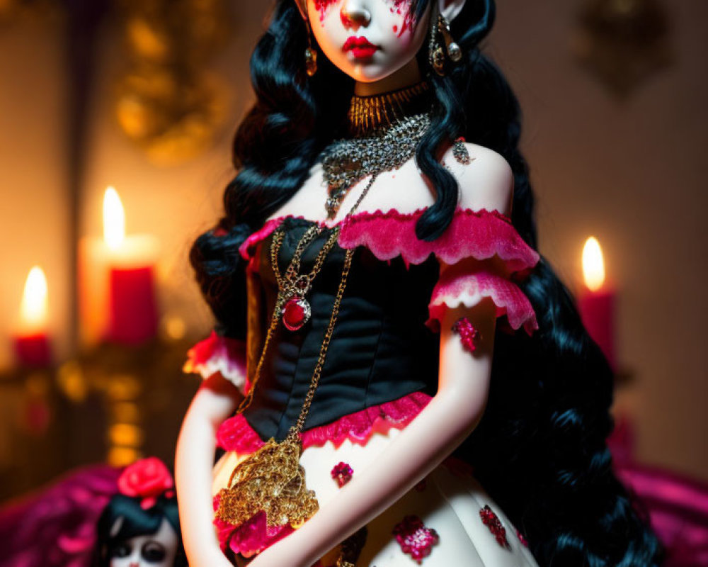 Gothic-style doll with black hair, crown, white-and-red dress, surrounded by candles