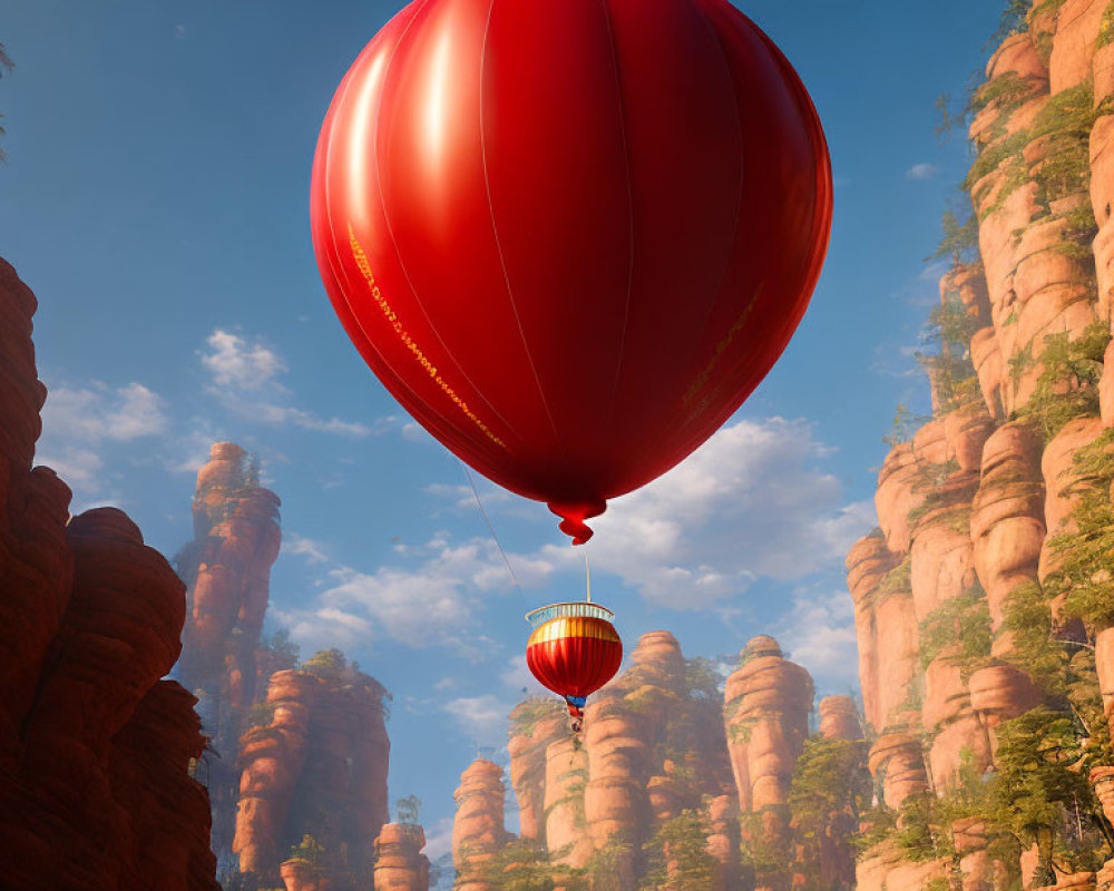 Red Hot Air Balloon Drifting by Sandstone Formations