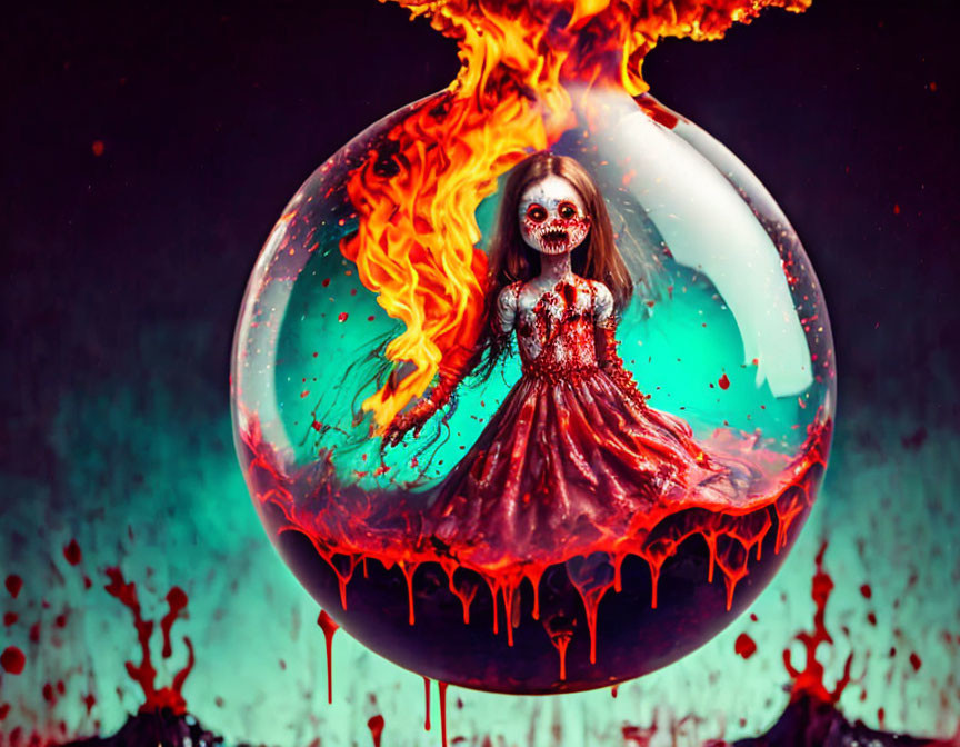 Skeletal face in red dress trapped in glass orb with swirling flames