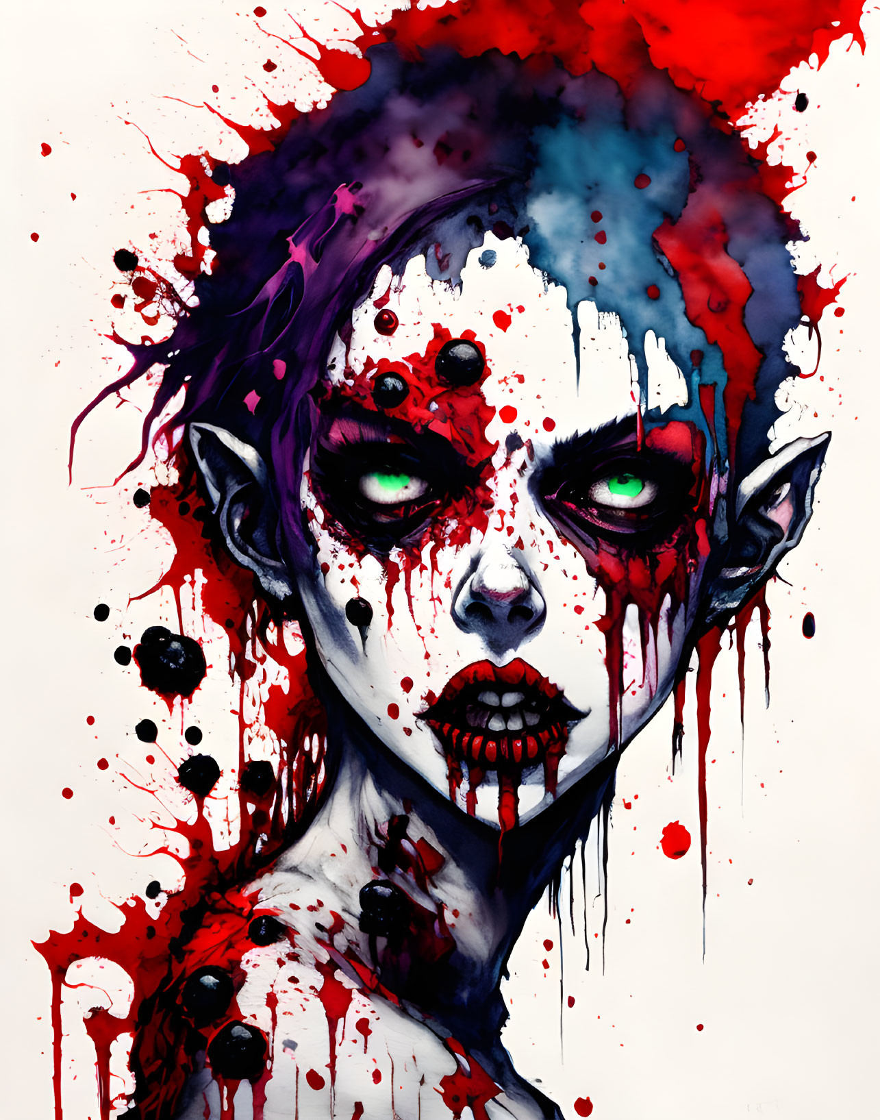 Pale-skinned female figure with pointed ears and red eyes, splattered with red and purple ink bl