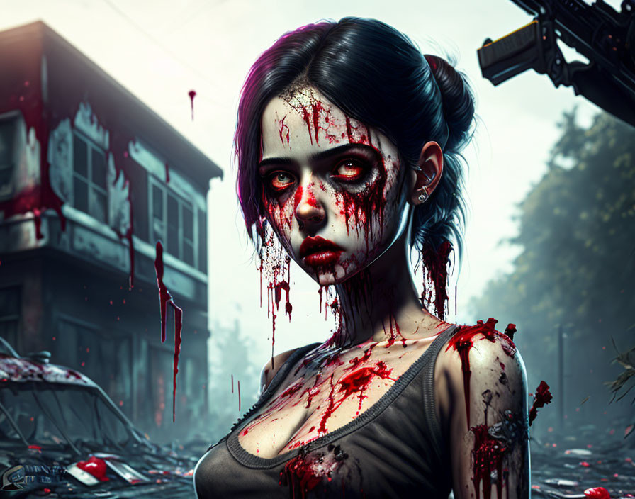 Female zombie digital artwork in post-apocalyptic urban setting with gun and destroyed cars