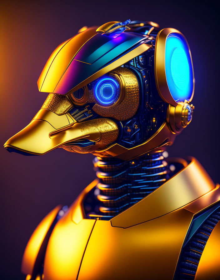 Futuristic bird-like robot with blue eyes and golden plating on amber background