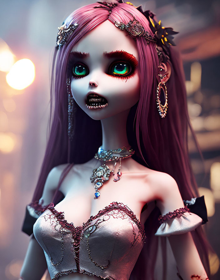 Digital artwork featuring female character with red eyes, purple hair, gothic makeup, jewelry, and ti