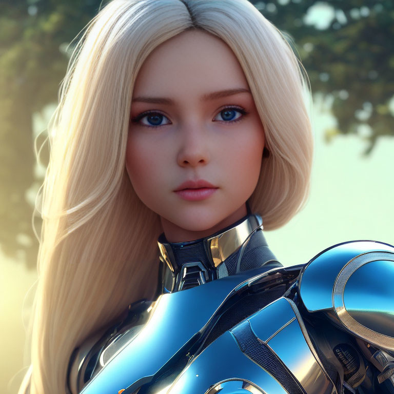 Blonde-Haired Female Robot in Blue Bodysuit Artwork