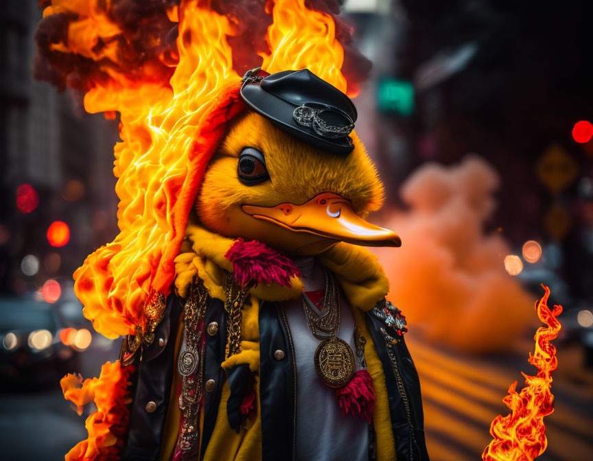 Flaming head duck character in biker attire on urban street background