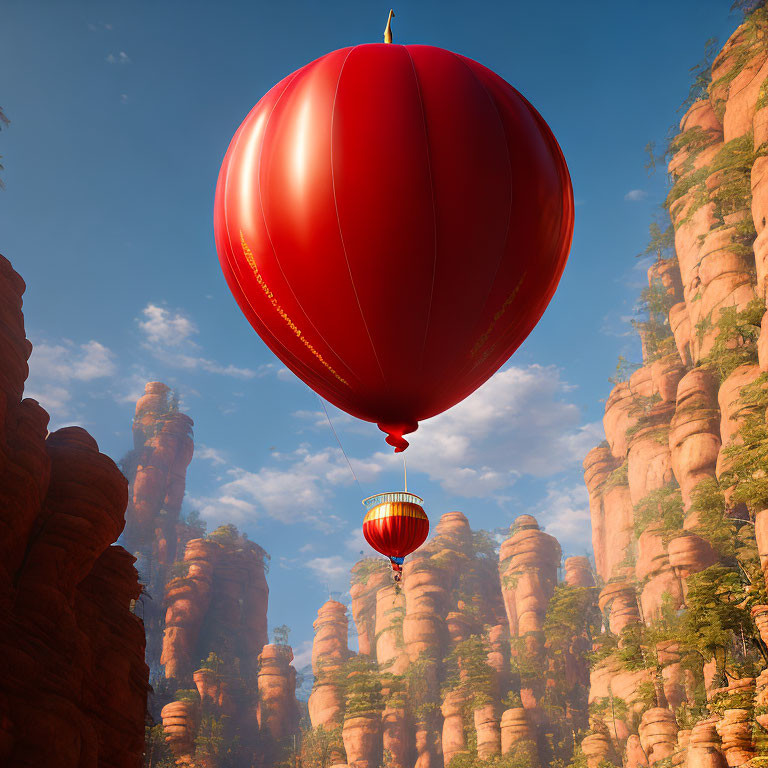 Red Hot Air Balloon Drifting by Sandstone Formations