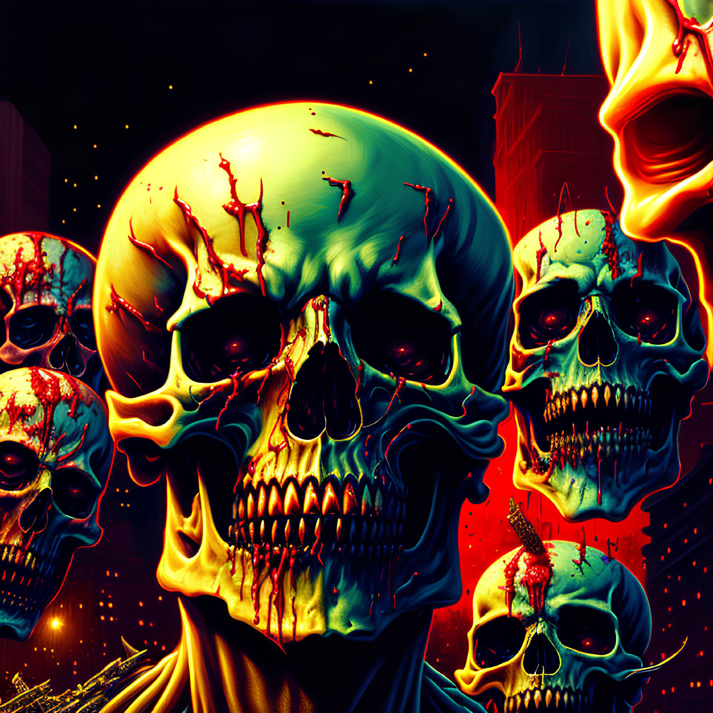 Neon-colored skulls in digital art against dark cityscape