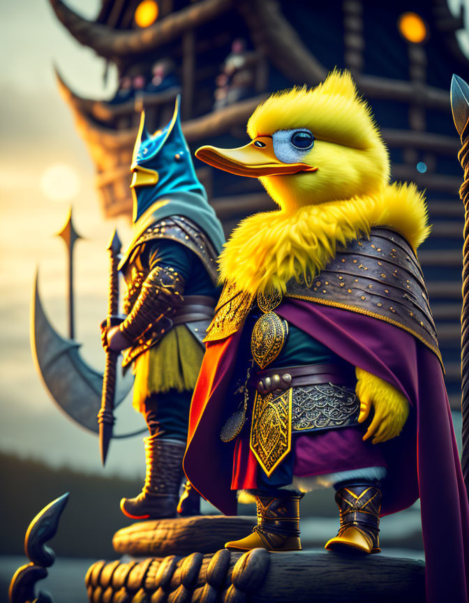 Stylized image of medieval warrior rubber duck on wooden platform