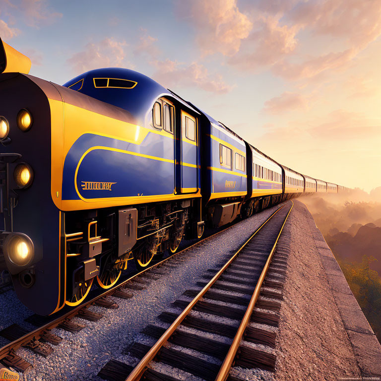 Vintage Blue and Yellow Train on Rail Bridge at Sunrise