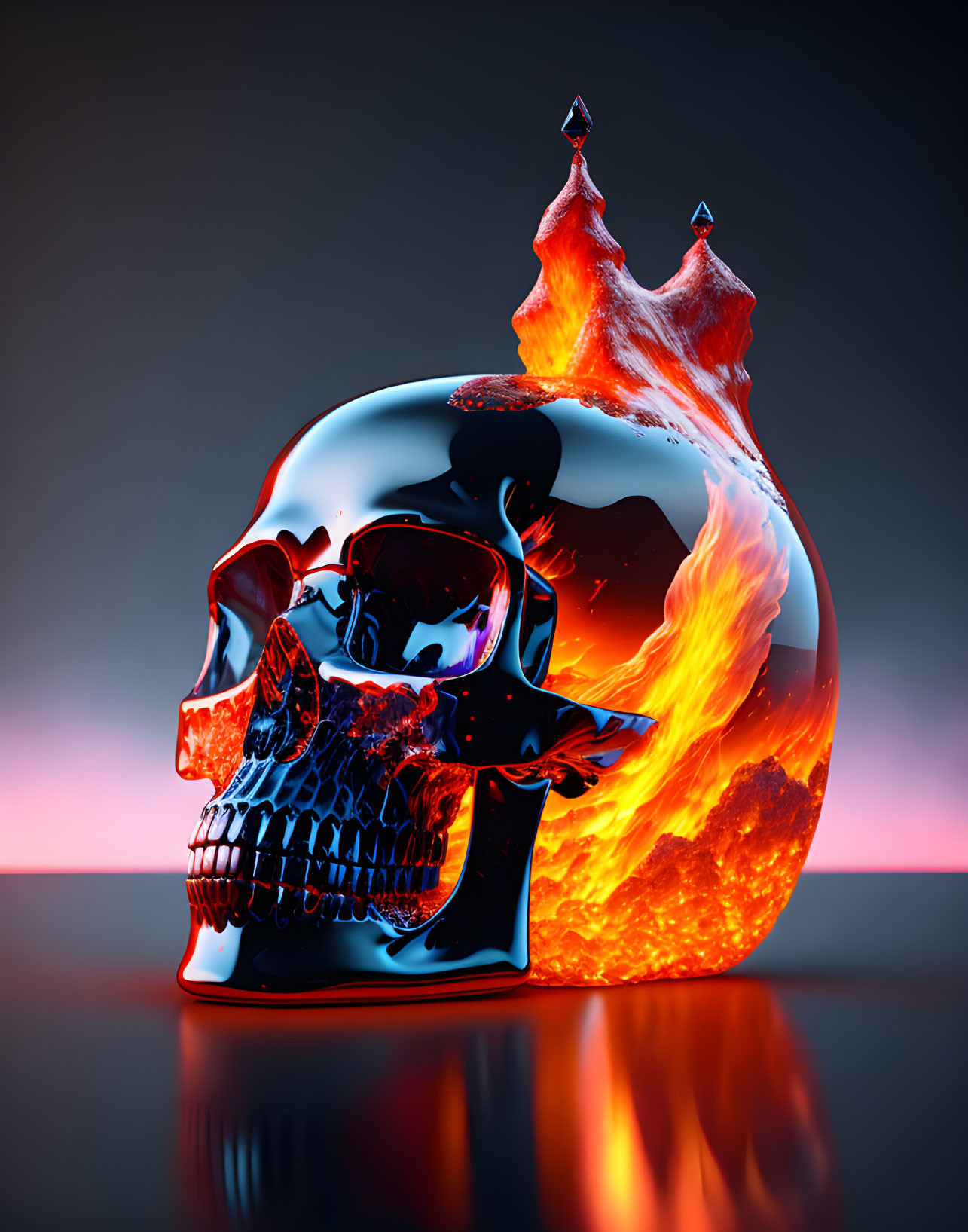 Glossy skull with lava texture on dark gradient background