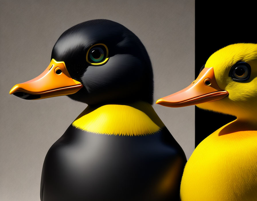 Stylized profile of black and yellow duck with sharp gaze, yellow duckling in background