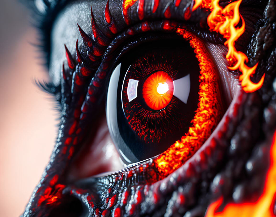 Detailed Close-Up of Fiery Red-Orange Eye and Flames