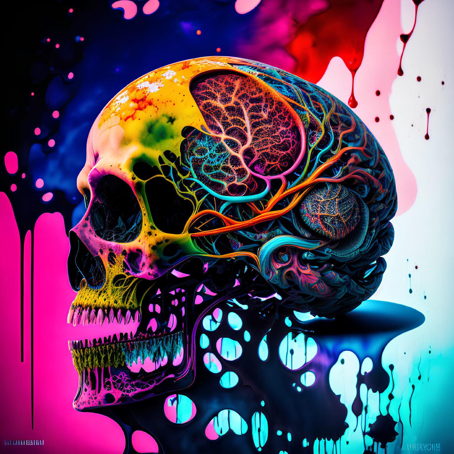 Vibrant psychedelic human skull art with colorful patterns