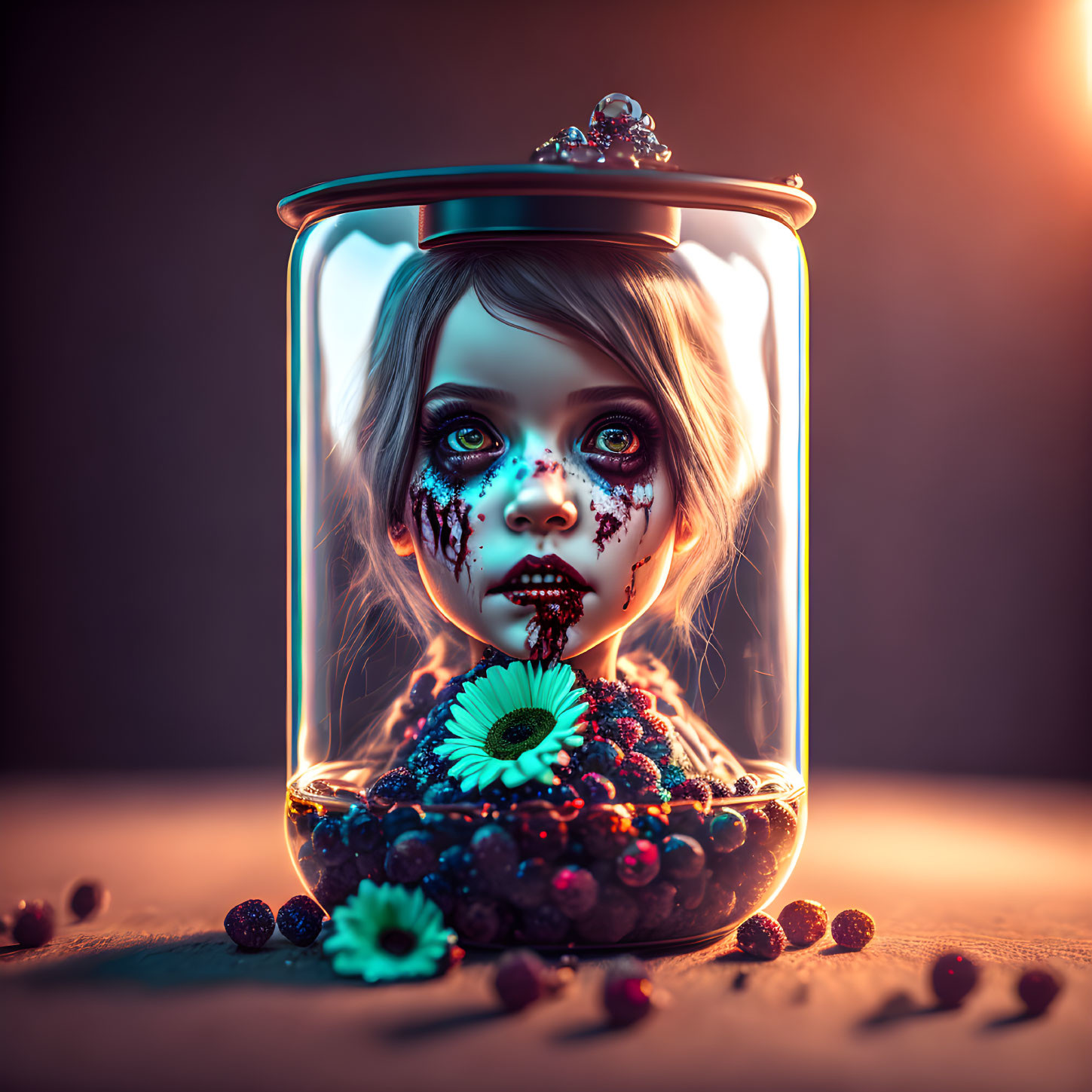 Surreal image: Girl's head in jar with flowers and berries, dark makeup streaks