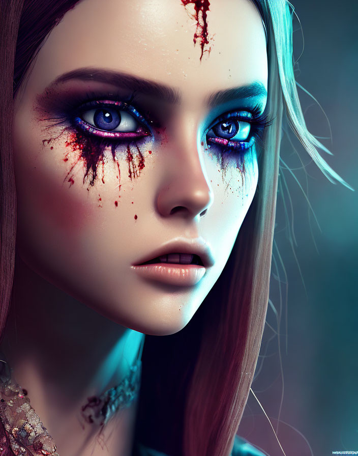 Vivid blue-eyed female portrait with dramatic purple and red makeup