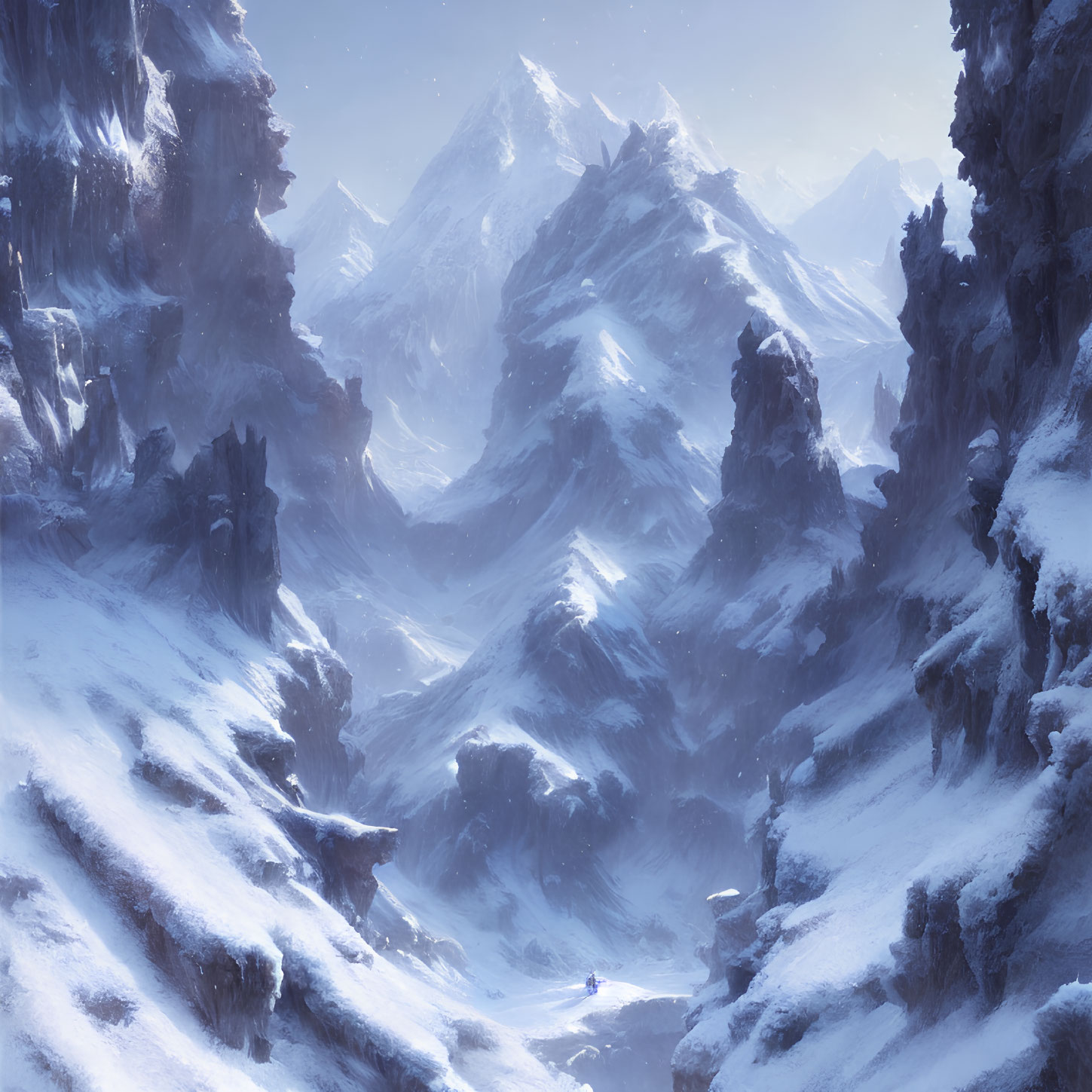 Snowy Mountain Landscape with Towering Peaks and Tiny Figure Crossing Snowscape