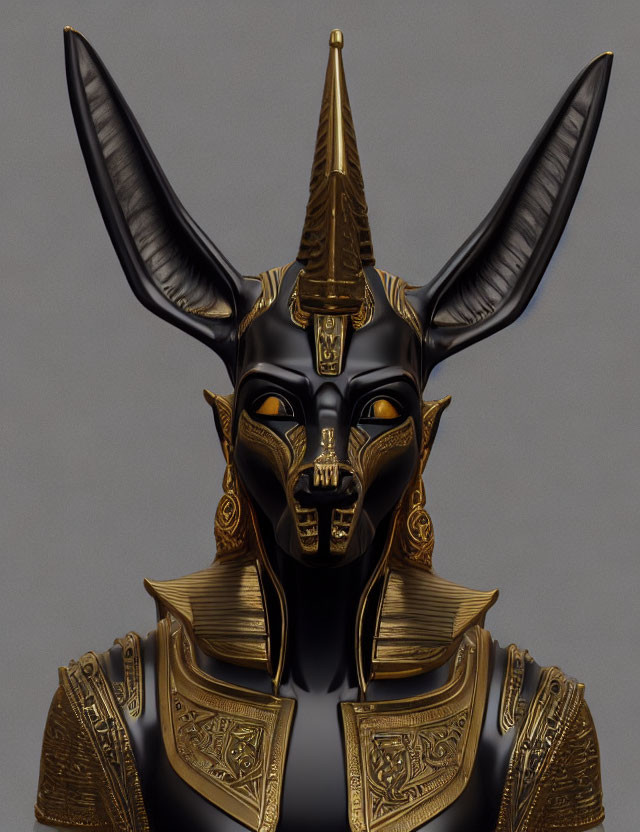 Anthropomorphic figure with black and gold Anubis-like jackal head.