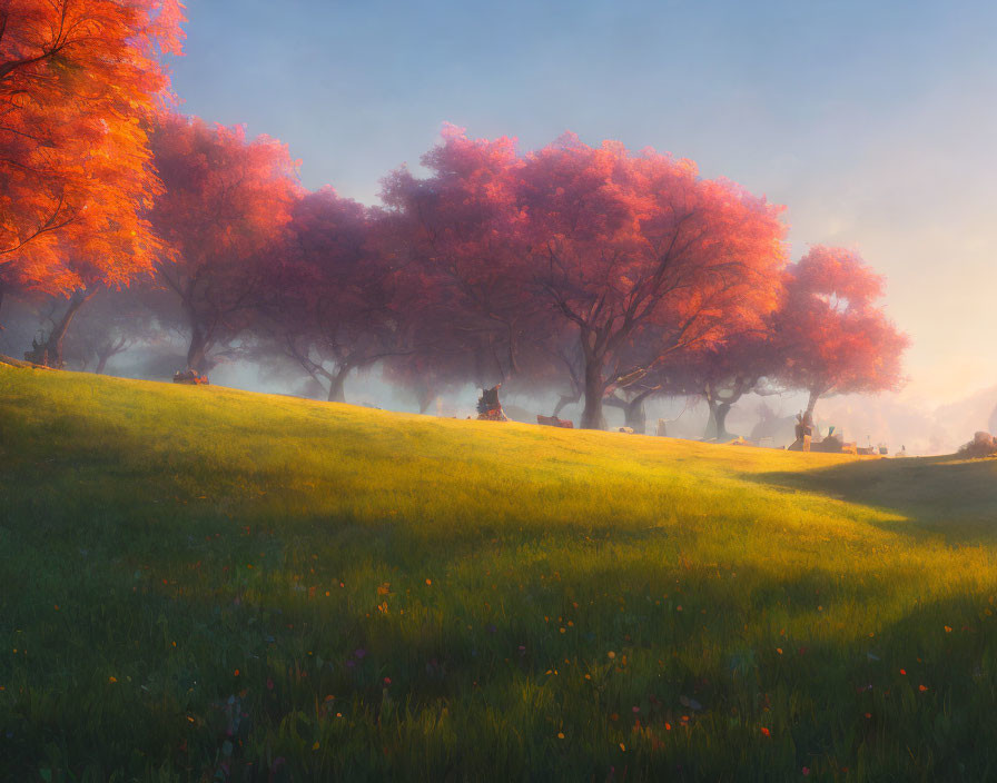 Serene landscape with vibrant orange trees on misty hill