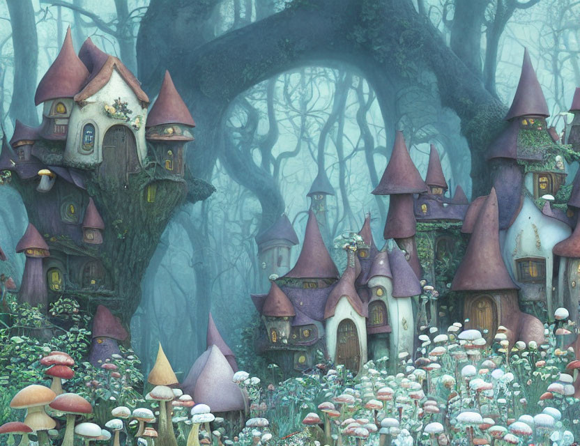 Enchanting forest scene with mushroom houses, colorful fungi, and twisted trees