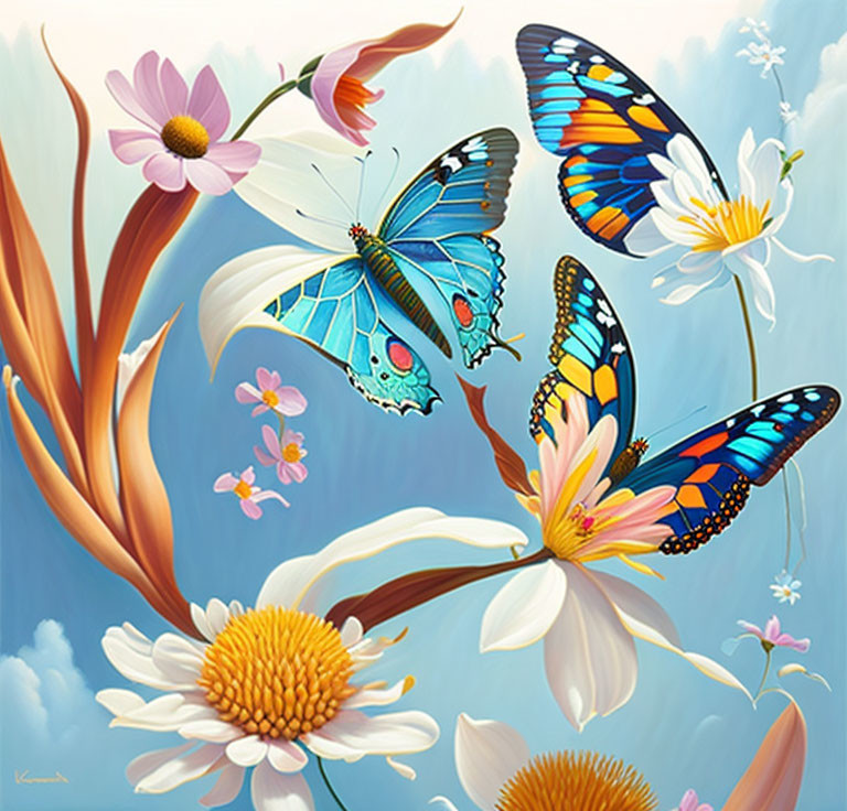 Colorful Butterfly Painting with Intricate Wing Patterns and Flowers on Blue Sky