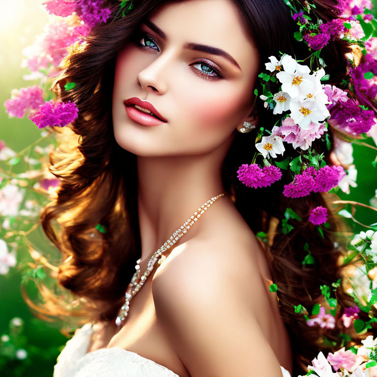 Woman with Floral Headdress Surrounded by Vibrant Flowers and Pearl Necklace