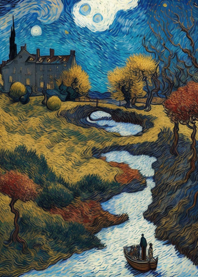 Stylized nighttime painting with stream, boat, figures, moons, and autumn trees.