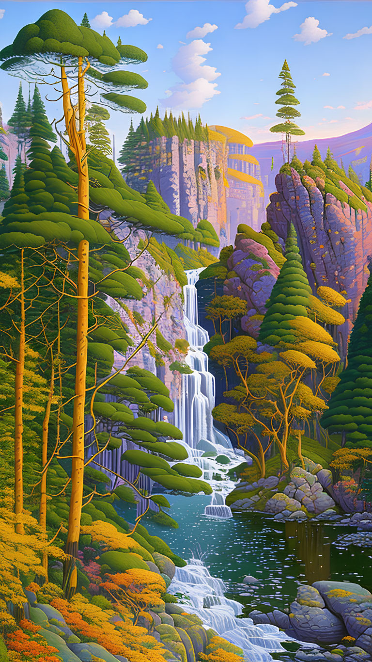 Scenic waterfall surrounded by cliffs and forest foliage