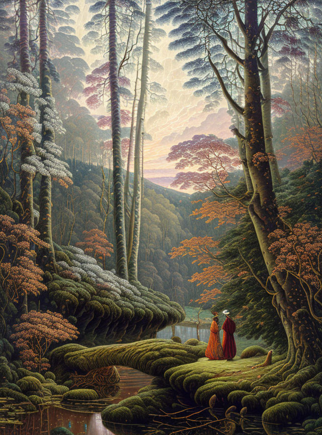 Ethereal forest painting with two figures, moss, trees, pond, and sunrise/sunset