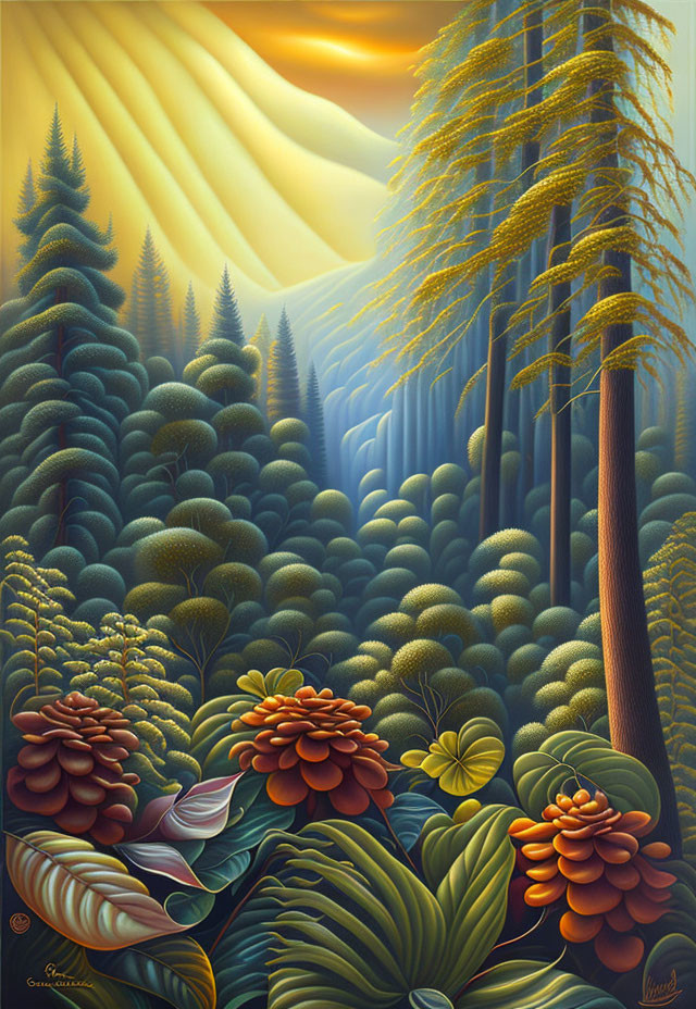 Lush Forest Painting with Vibrant Green Foliage