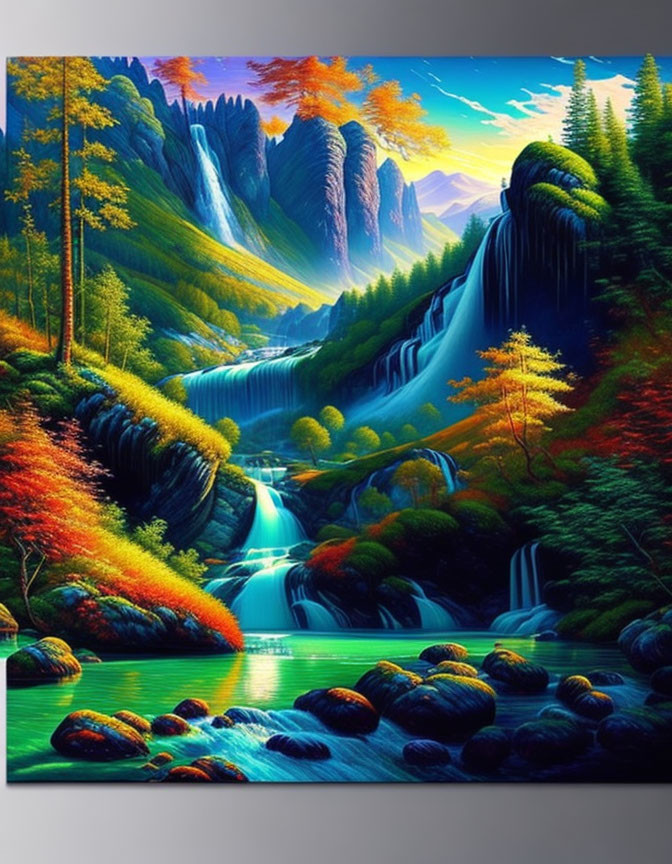 Scenic landscape painting of cascading waterfall in autumn forest