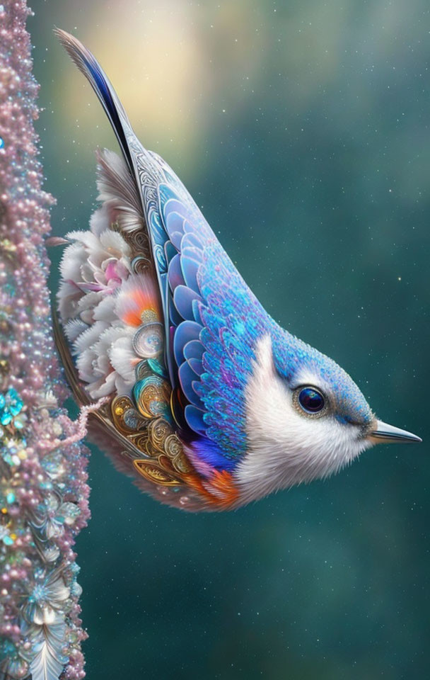 Colorful digital artwork: Ornate bird with intricate feathers on branch