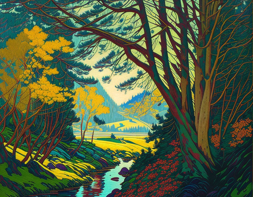 Colorful autumn forest with stylized trees, stream, and mountain landscape