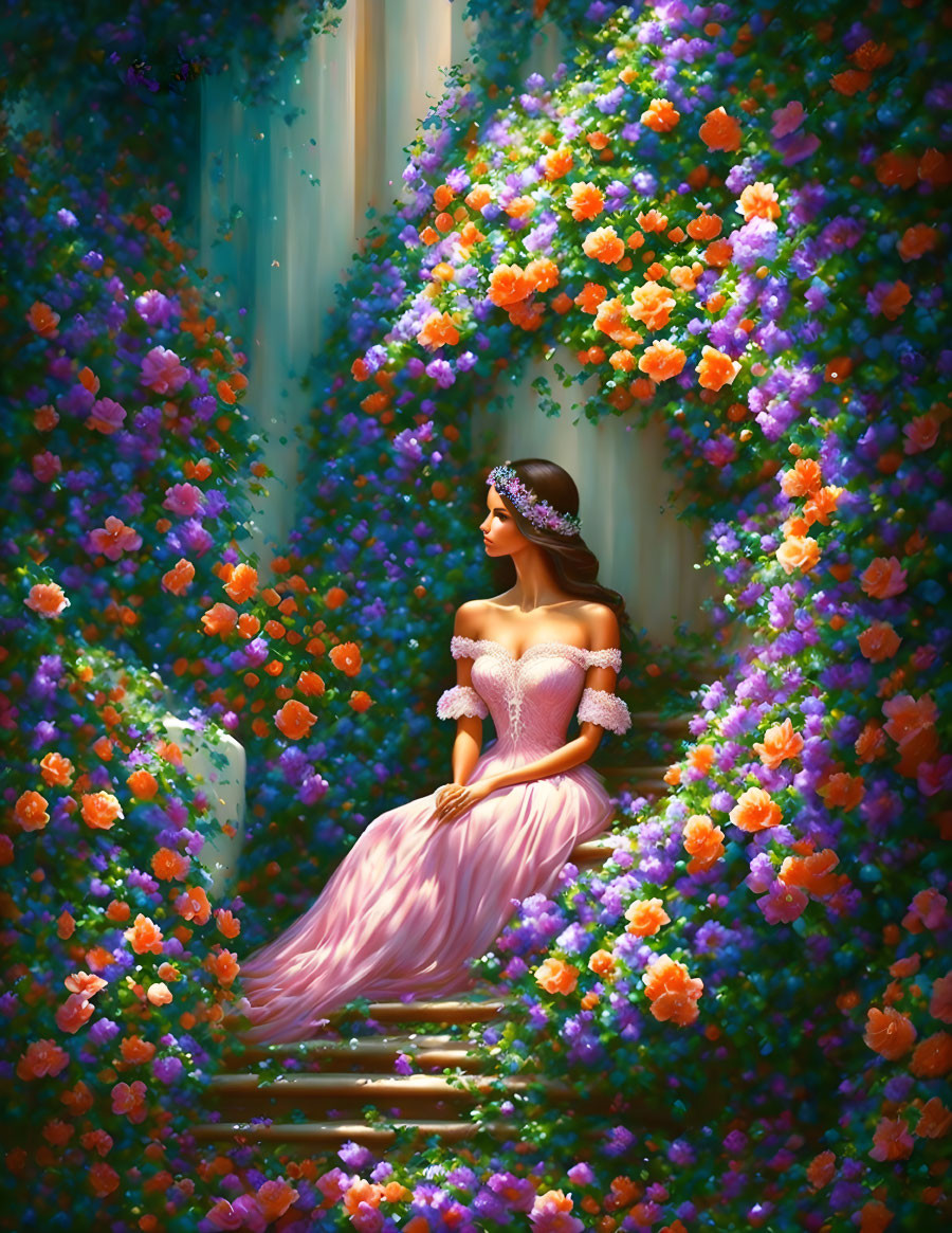 Woman in Pink Gown Surrounded by Vibrant Floral Archway