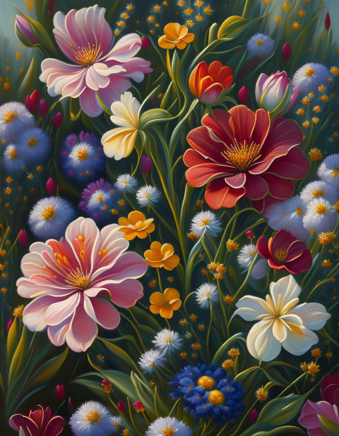 Colorful Floral Painting with Pink, Red, White Flowers on Dark Background