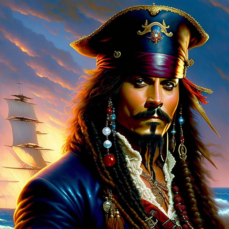 Pirate with Ornate Hat and Intense Gaze Stands by Sunset Sea