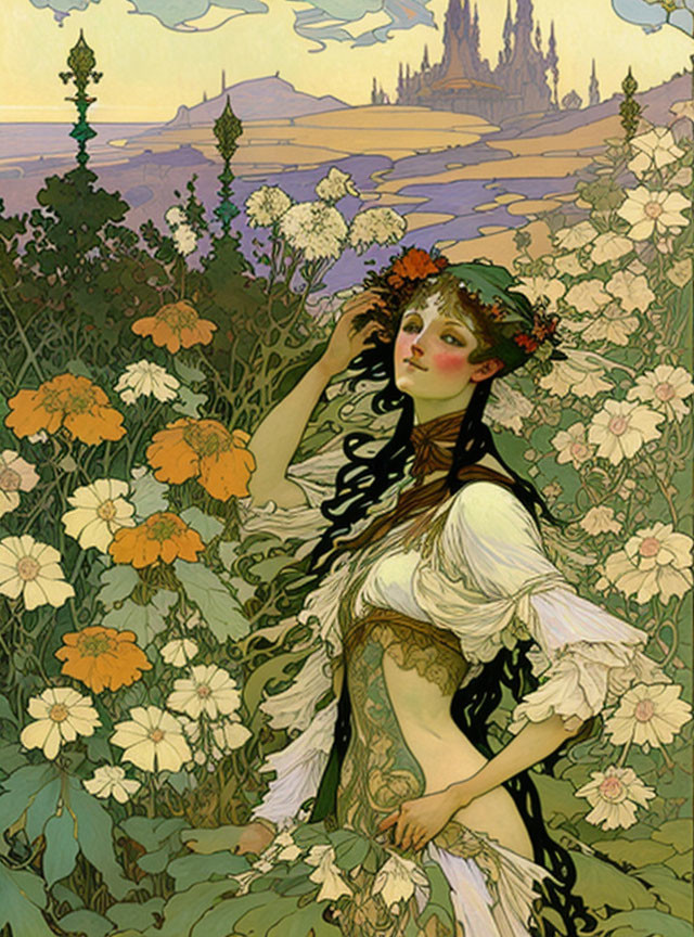 Woman with flowing hair and floral wreath in Art Nouveau style illustration.