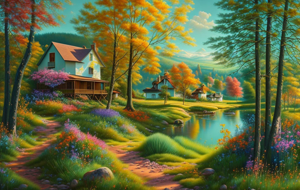 Vibrant autumn lakeside landscape with quaint house among colorful trees