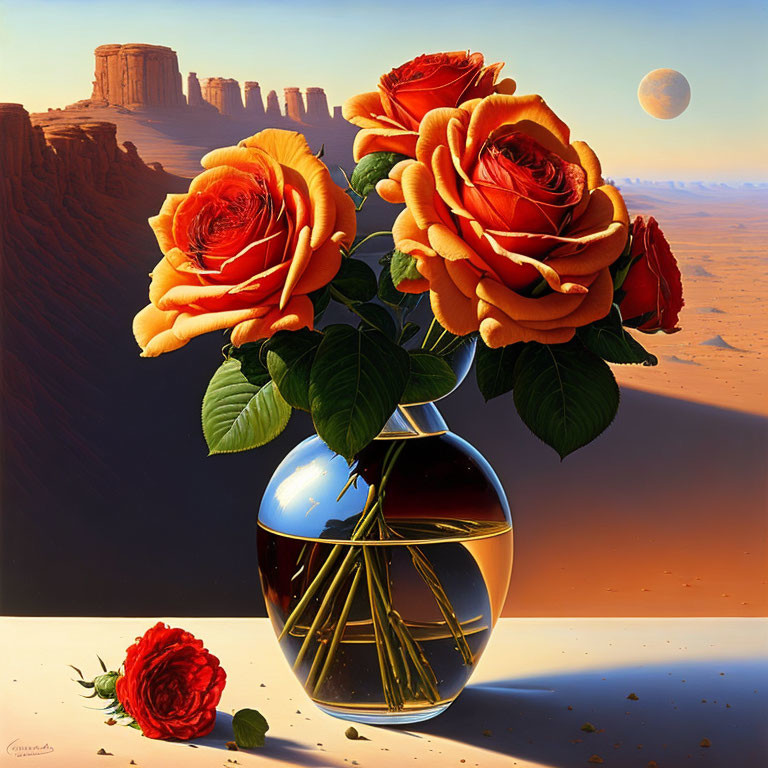 Surreal image of vibrant roses, desert, and distant planet