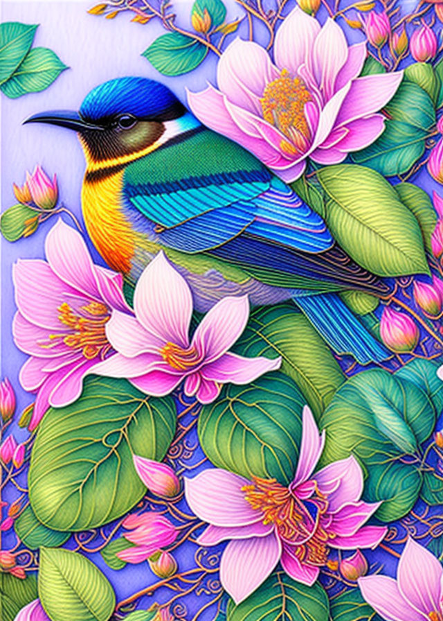 Colorful Bird Illustration Among Pink and Purple Flowers