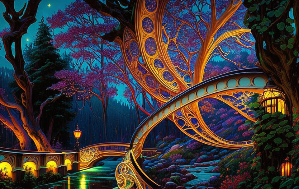 Ethereal glowing tree, whimsical house, arched bridge in fantasy artwork