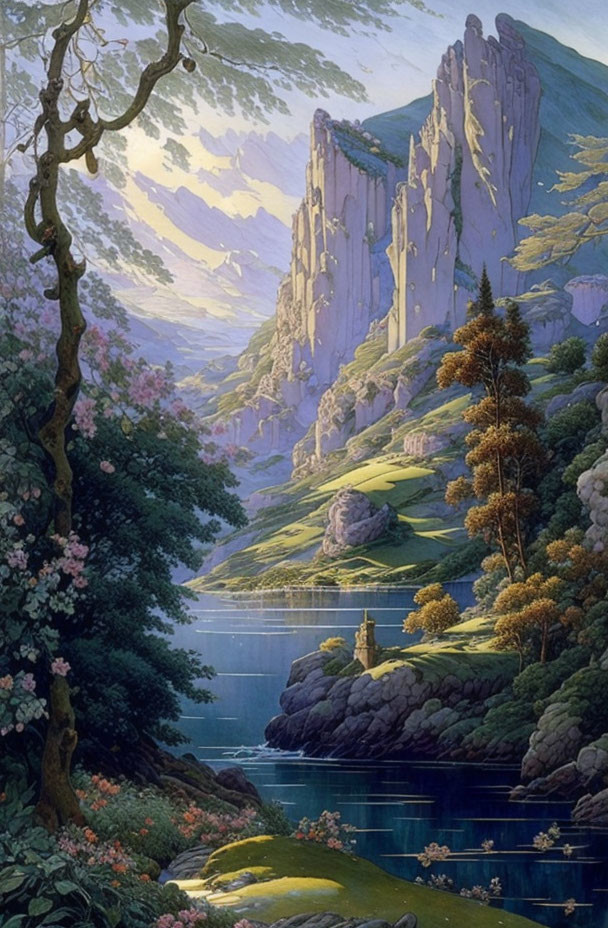 Fantasy landscape with castle, cliffs, lake, and lush greenery