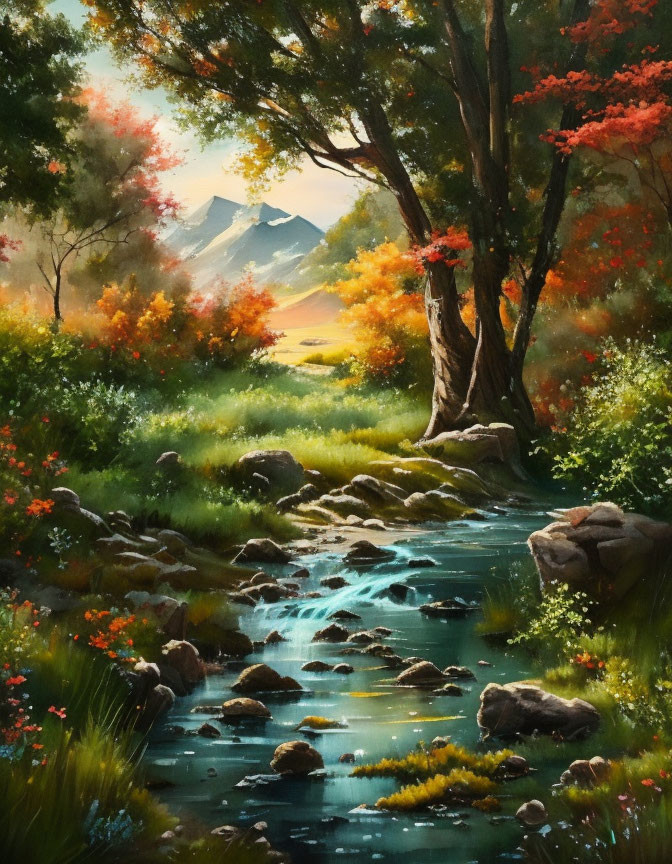 Tranquil landscape painting of stream, forest, and mountains