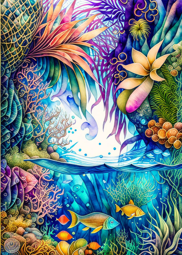 Colorful Coral, Fish, and Plant Life in Vibrant Underwater Scene