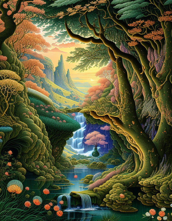 Vibrant fantasy landscape with waterfall, trees, and sunset glow