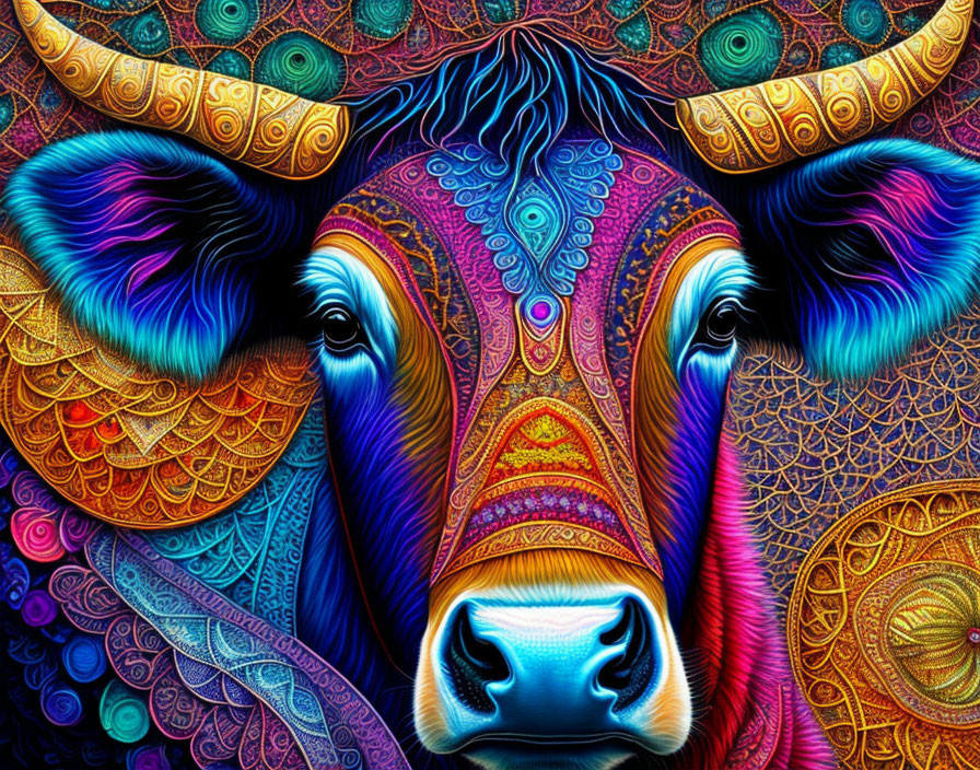 Vibrant Psychedelic Digital Art: Stylized Bull in Blue, Purple, and Orange